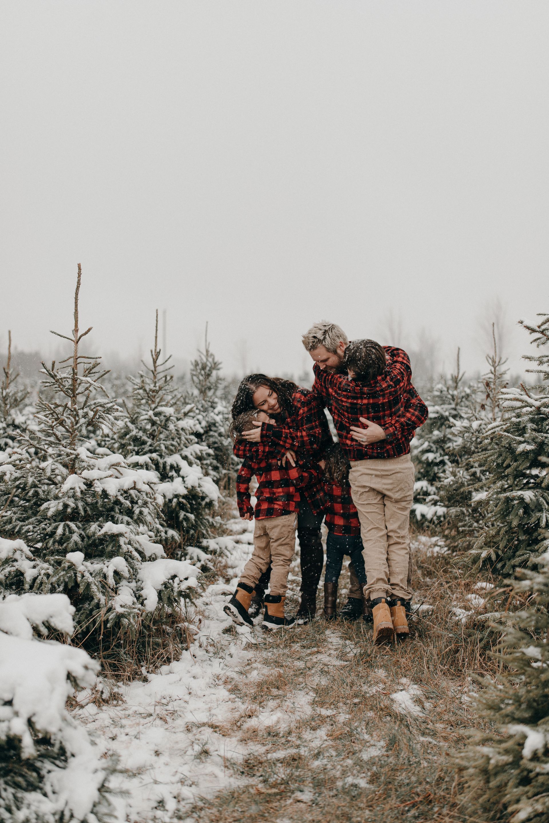 A family is walking through a snowy field of christmas trees.