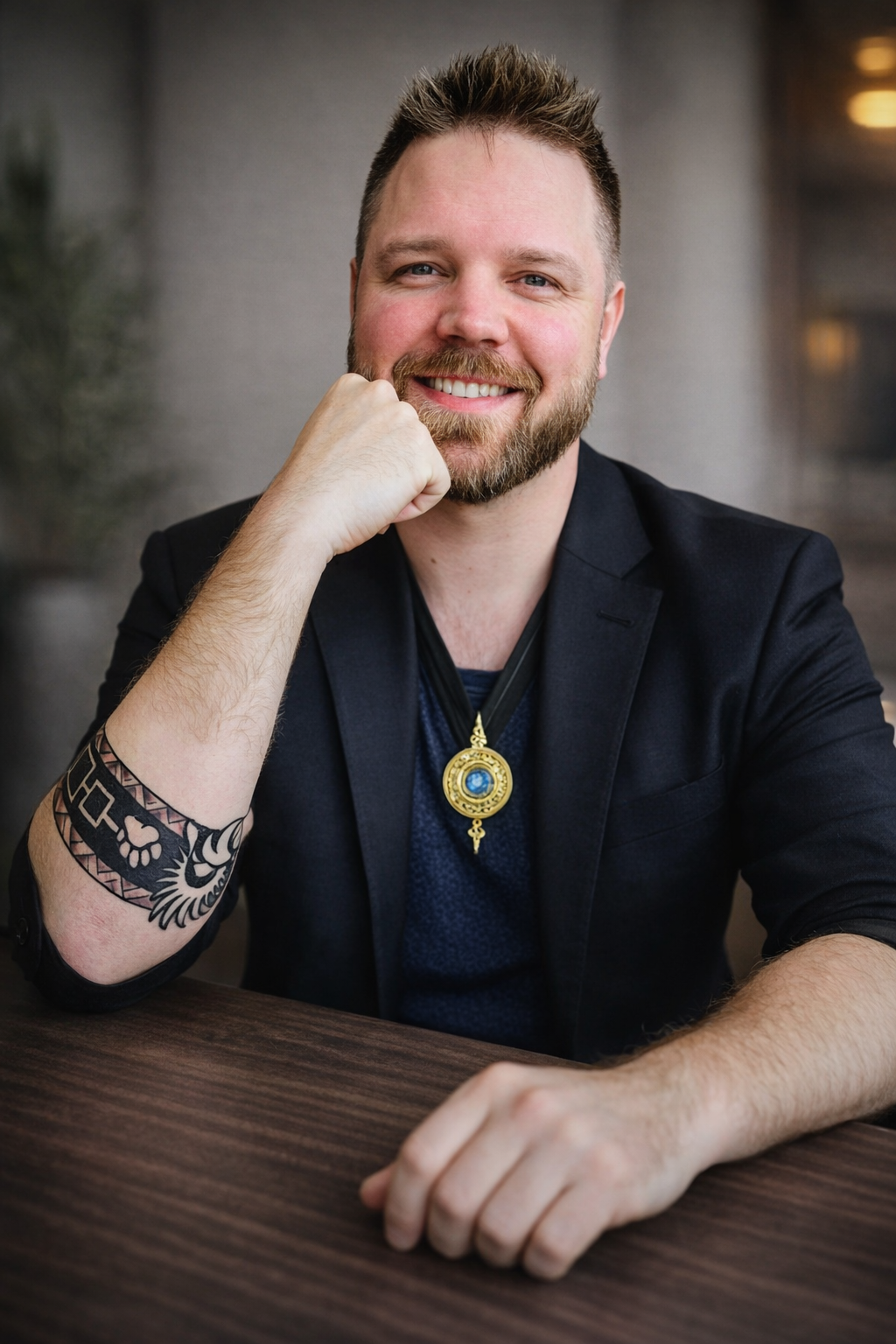A man with a beard is smiling and wearing a blue shirt