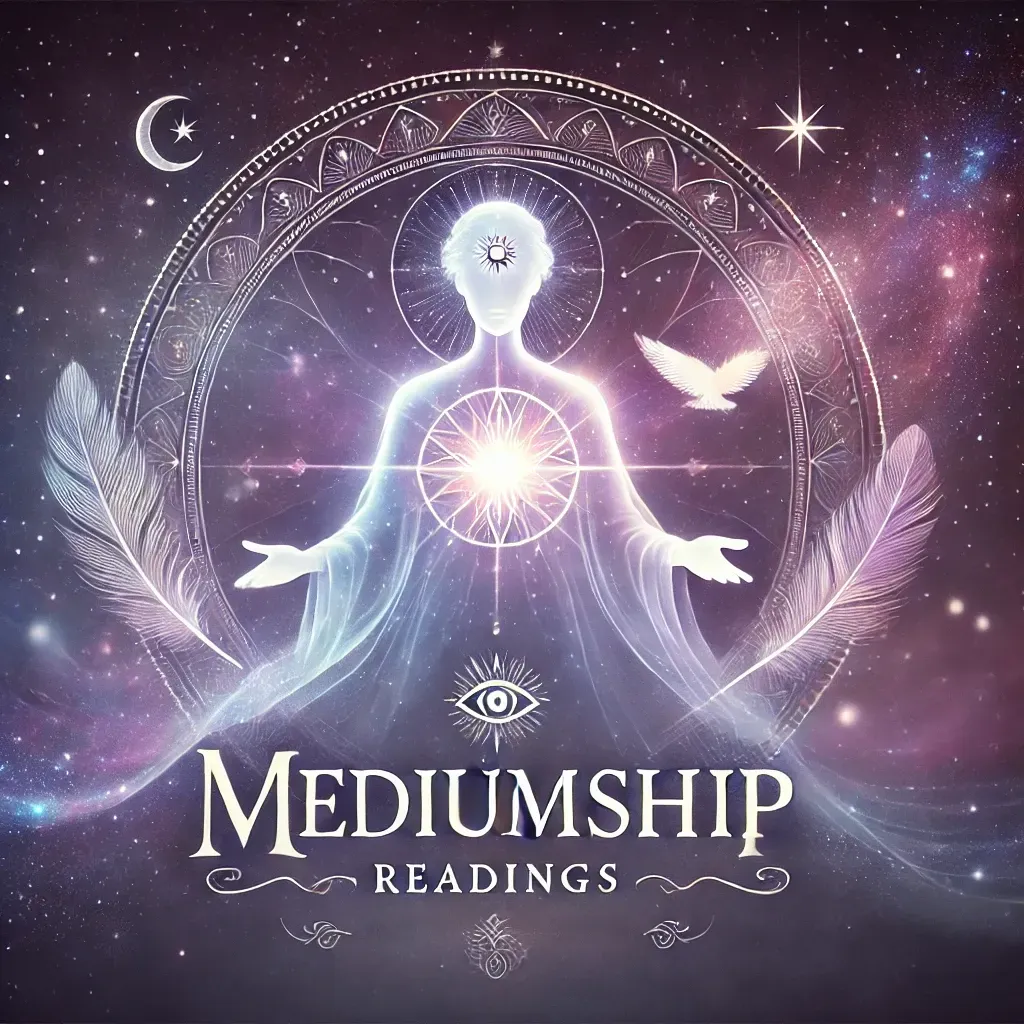 A poster for mediumship readings with a glowing figure