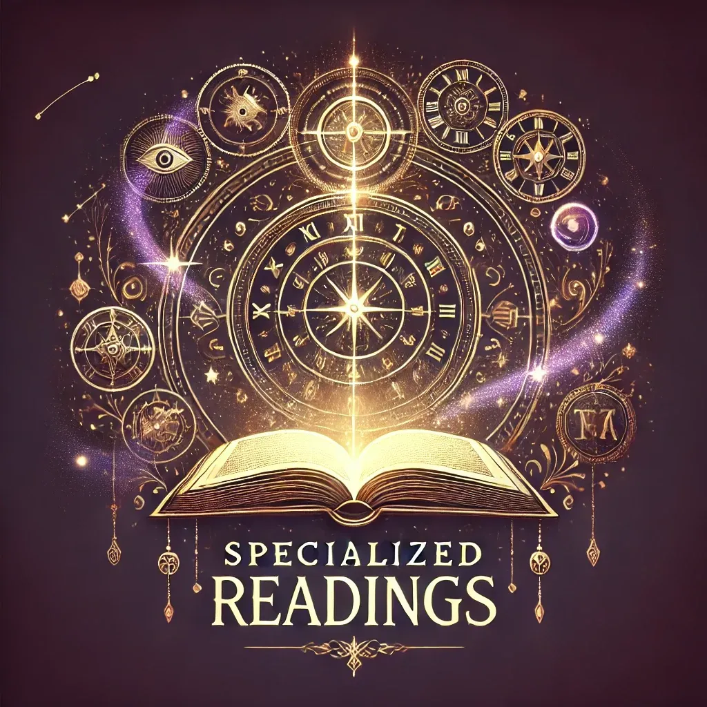 A logo for specialized readings with an open book and a zodiac circle.