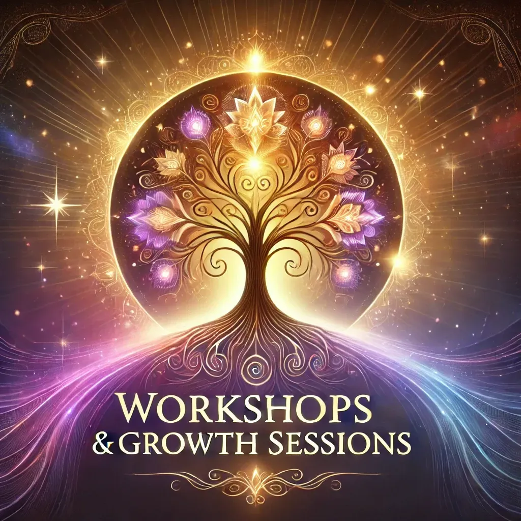 A poster for workshops and growth sessions with a tree in the middle.