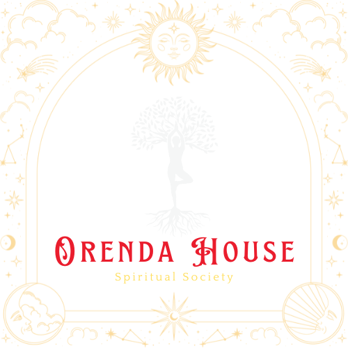 A logo for orenda house spiritual society with a tree , sun , moon and stars.