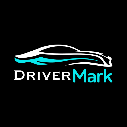 A logo for a company called driver mark with a car on a black background.