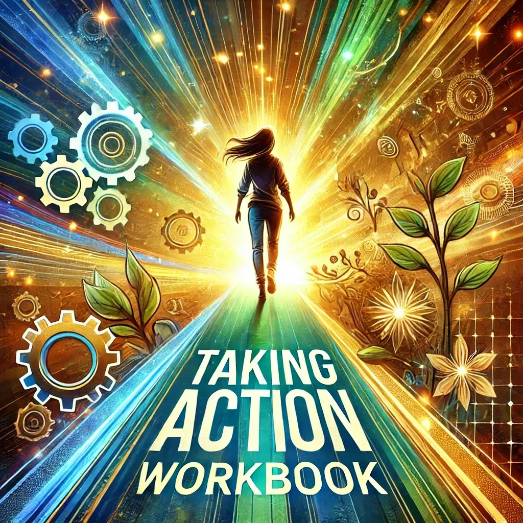 A woman is walking towards a bright light in the taking action workbook.