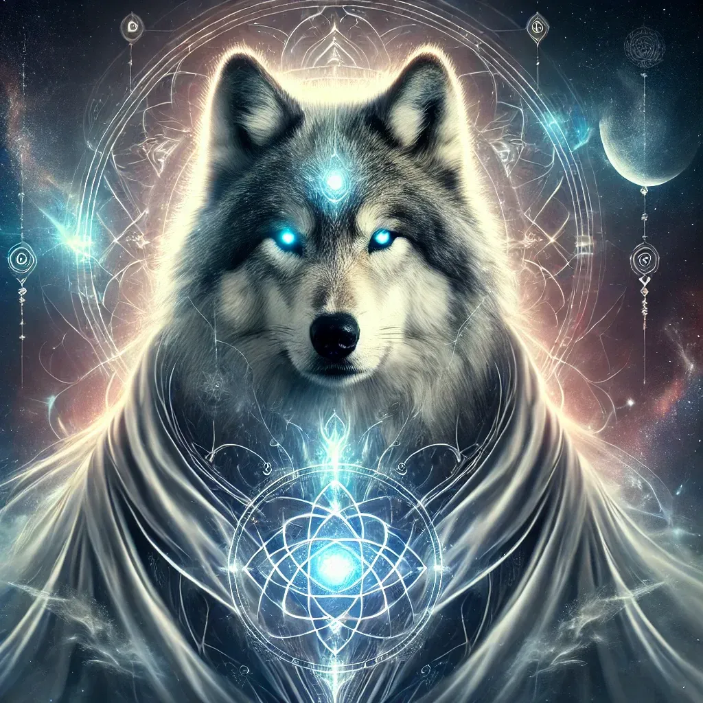 A wolf with blue eyes is surrounded by a geometric pattern.