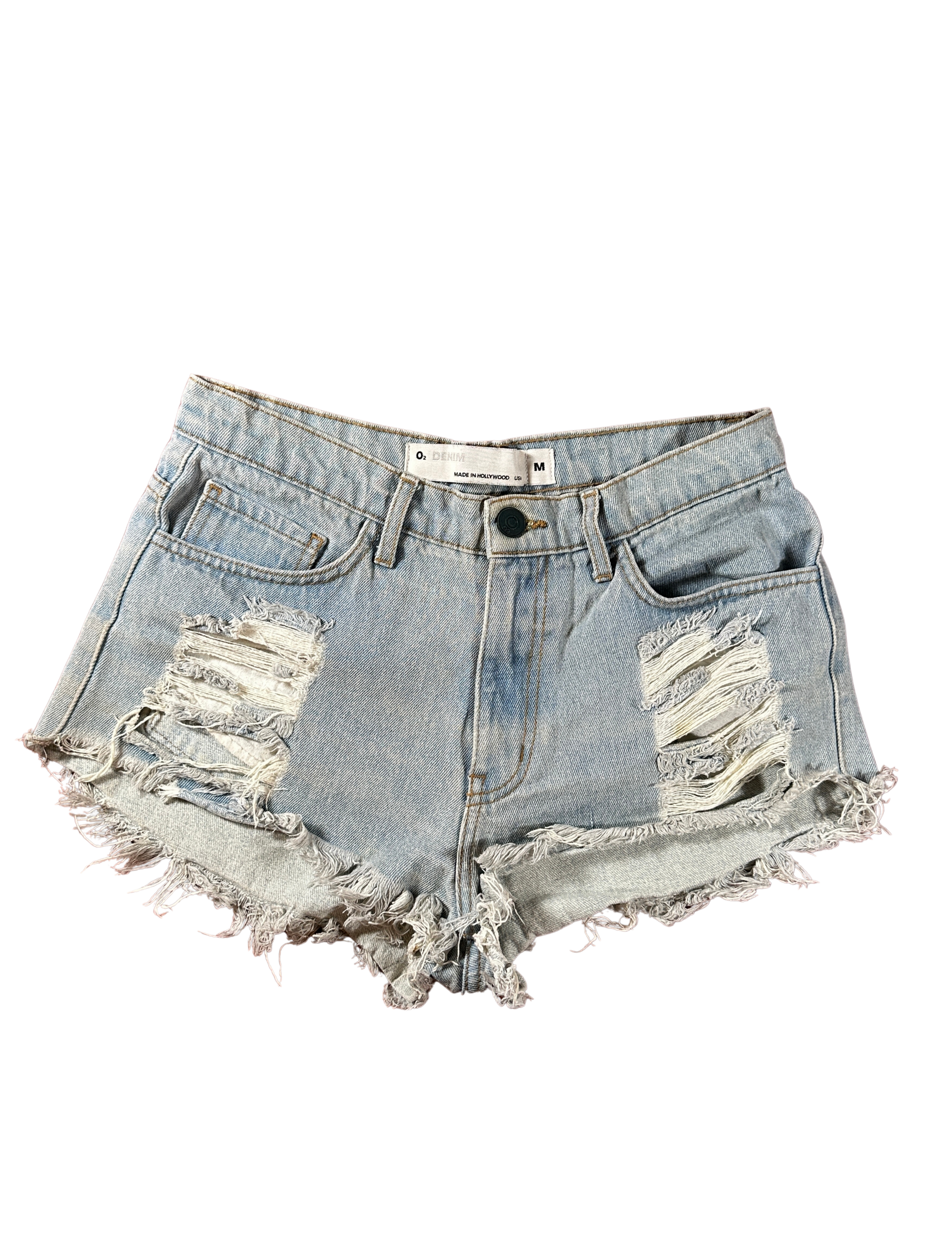 02 High Rise Distressed Denim Shorts