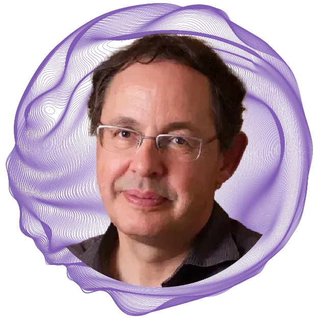Um homem de óculos está dentro de um círculo roxo