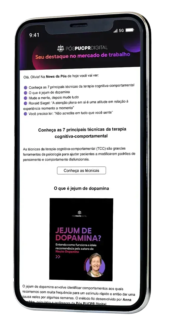 Um celular está exibindo um e-mail na tela.