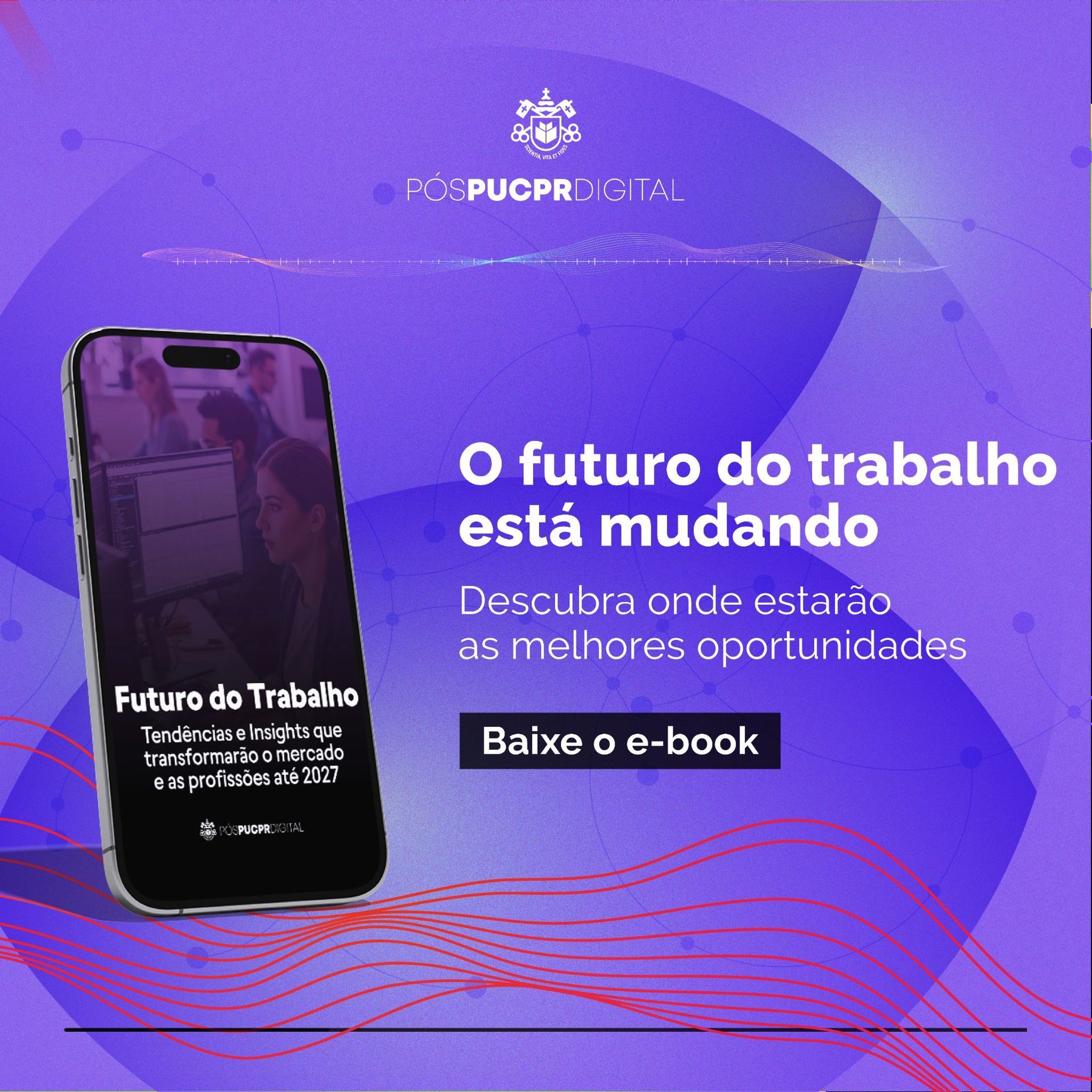 Banner roxo promocional com celular e texto: “O futuro do trabalho está mudando. Baixe o e-book”.