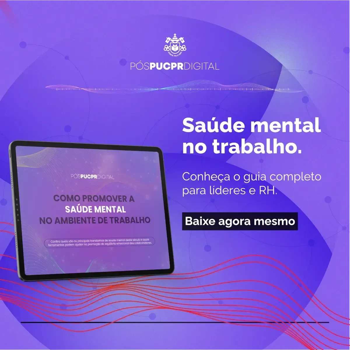 A purple digital ad for a mental health guide for leaders and HR, featuring a tablet displaying the title and a download CTA.