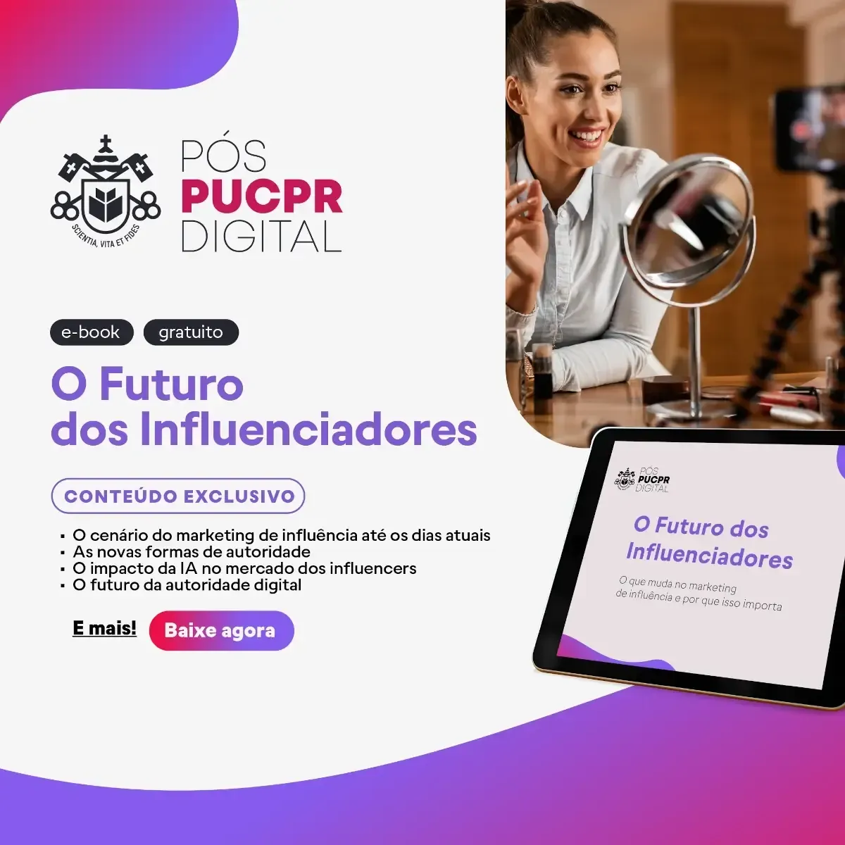 An ad for a PUCPR Digital course on influencer marketing, showing a person filming and a tablet displaying the course title.