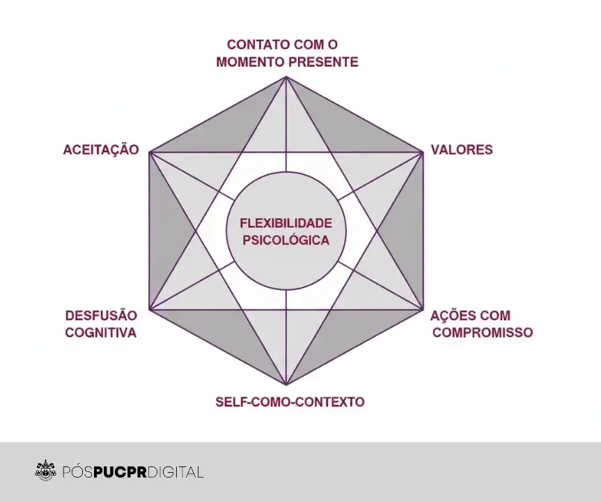 Diagram illustrating psychological flexibility, with interconnected concepts. Hexaflex ACT.