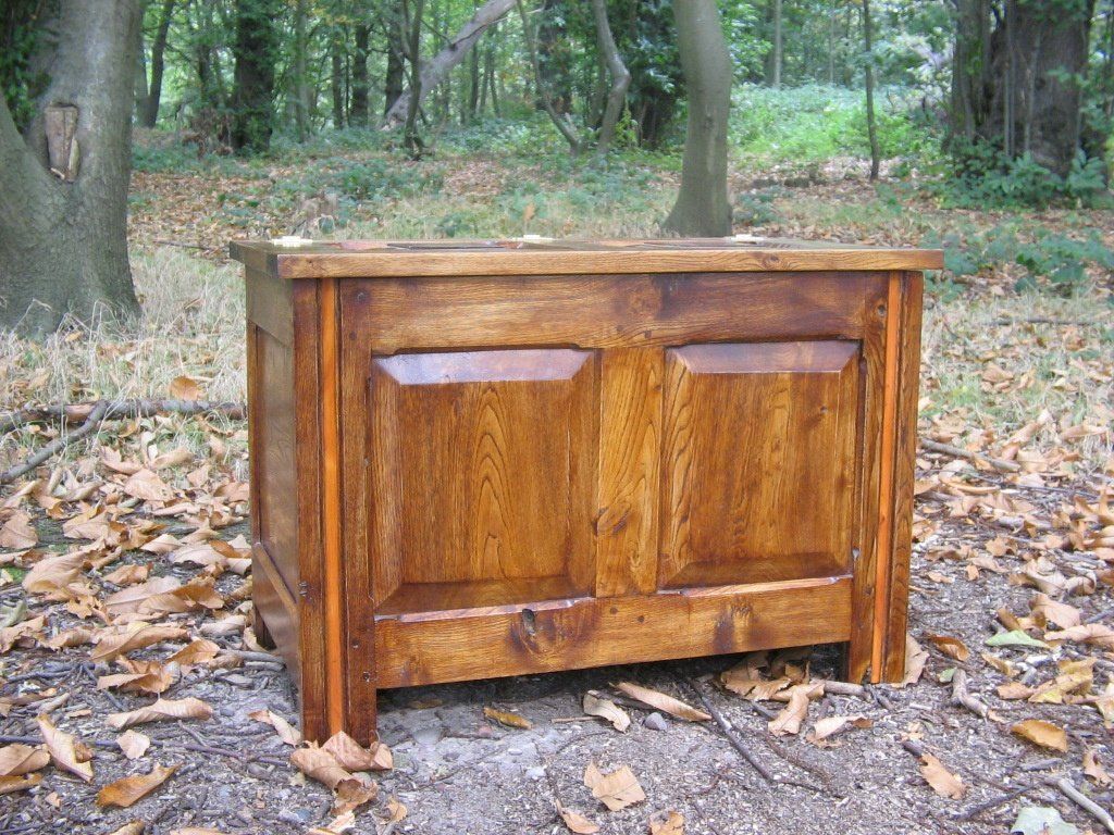 image of a small coffer in sweet chestnut with yew inlay made by Patrick Turk the owner of Forest 2 Furniture using timber milled and dried by him