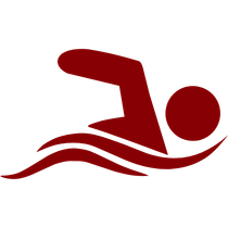 A red swimming icon on a white background.