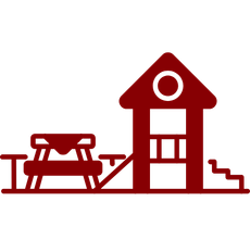 A red playground icon with a picnic table and stairs.