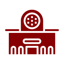 A red icon of a building with a dome on top of it.