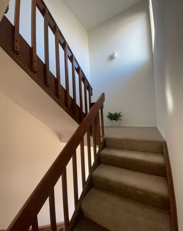 A staircase with a wooden railing and carpeted steps