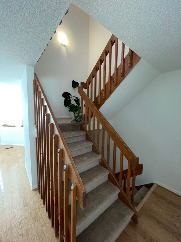 A staircase with a wooden railing and carpeted steps