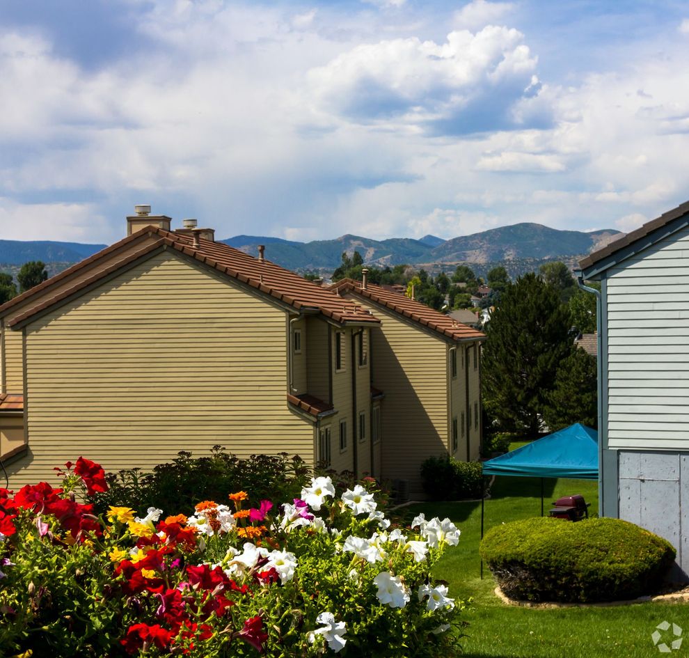 A row of houses with mountains in the background