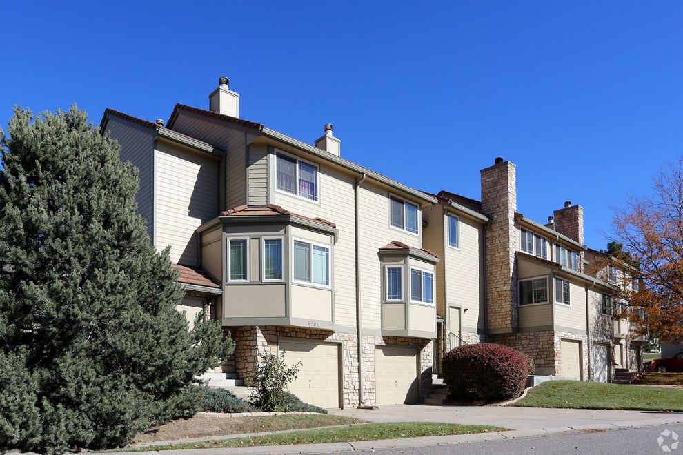 A row of apartment buildings with a blue sky in the background.