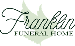 Logo for Franklin Funeral Home, featuring elegant script text and a stylized dove. The text is in dark green.