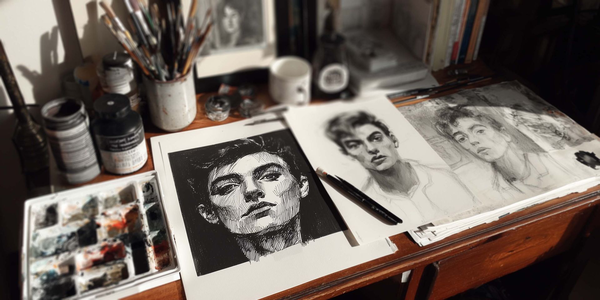 Artwork in progress: portraits, paintbrushes, palette, paints, and other artist tools on a wooden desk. Atelier artiste peintre Klyne