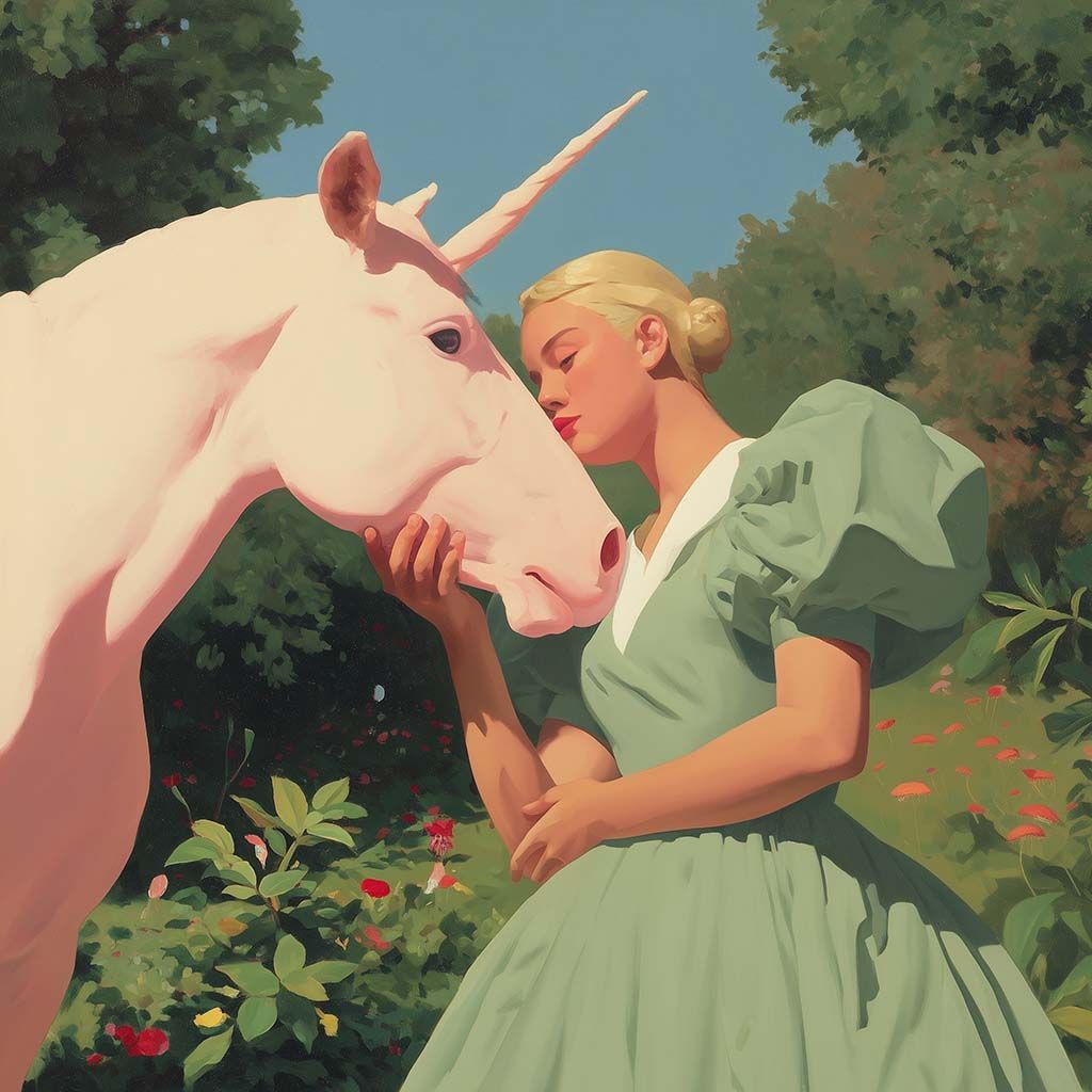 A woman in a green dress kisses a pink unicorn in a garden. Paint by Klyne artist painter.