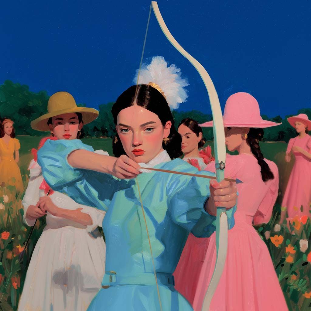 Woman in blue dress aims bow, surrounded by others in dresses and hats in a sunny field. Paint by Klyne artist painter.