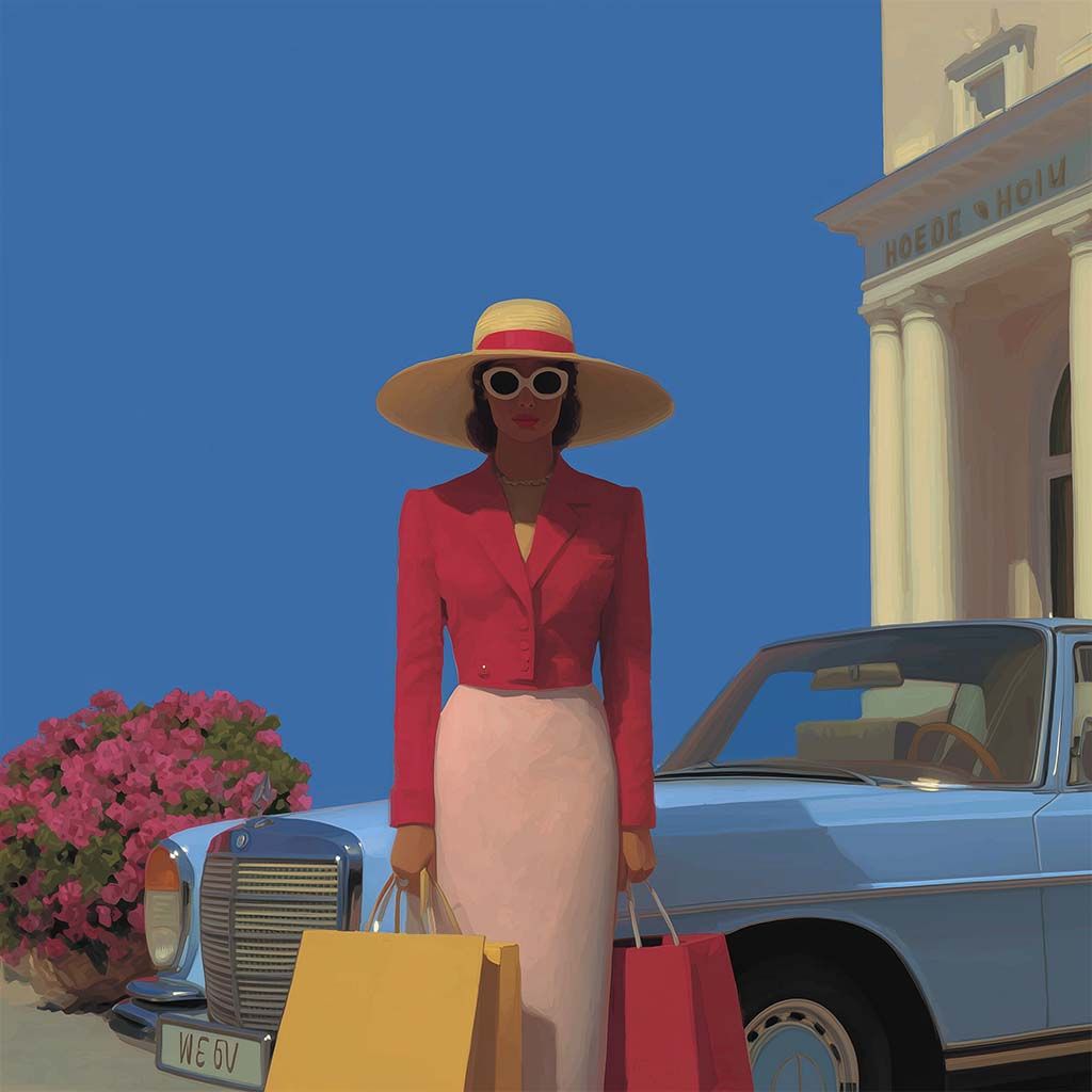 Woman in a pink suit and hat with shopping bags by a blue car and building. Paint by Klyne artist painter.