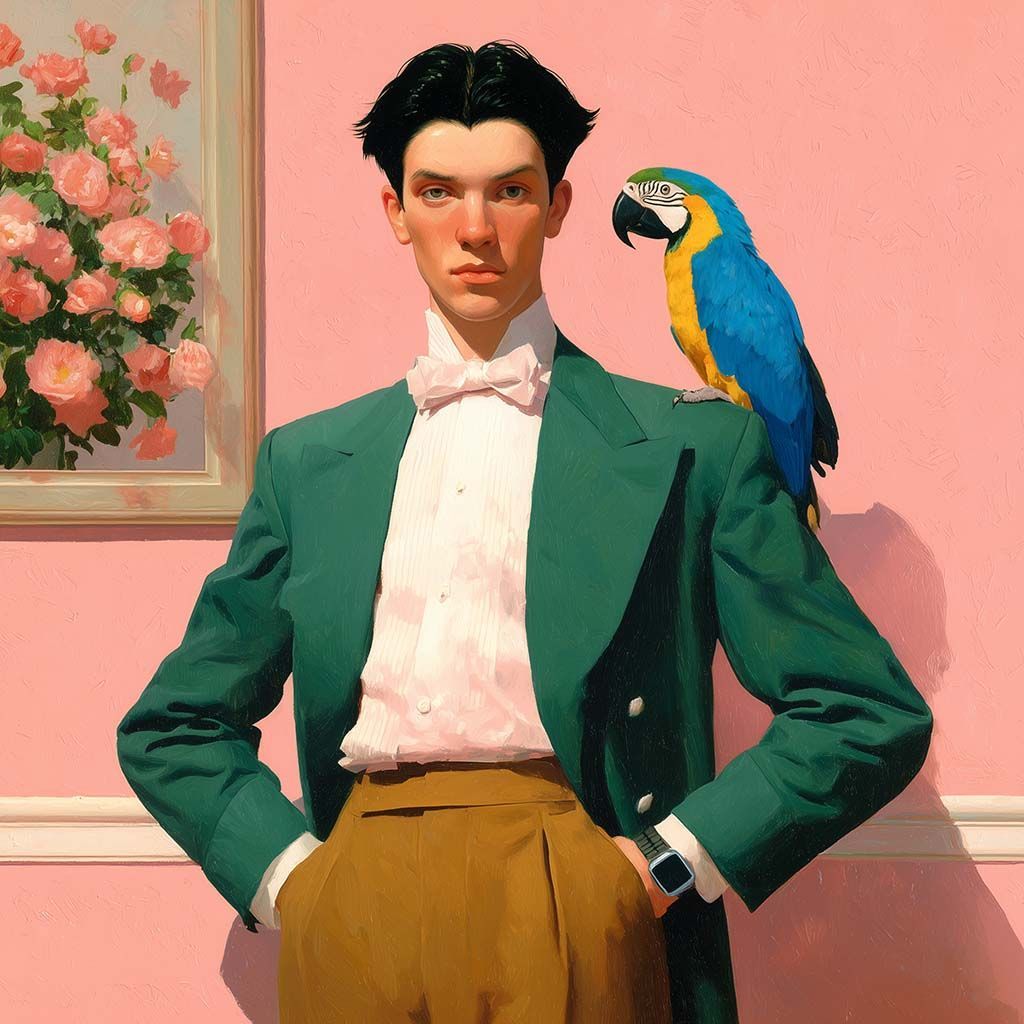 Man in green jacket with a parrot on his shoulder, standing by a pink wall with a rose painting. Paint by Klyne artist painter.
