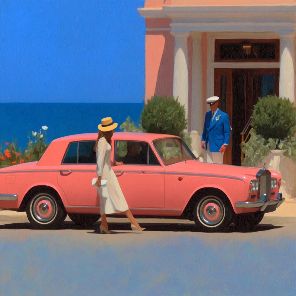 Woman in white dress exits pink Rolls Royce; attendant in blue uniform awaits outside a pink building by the sea.