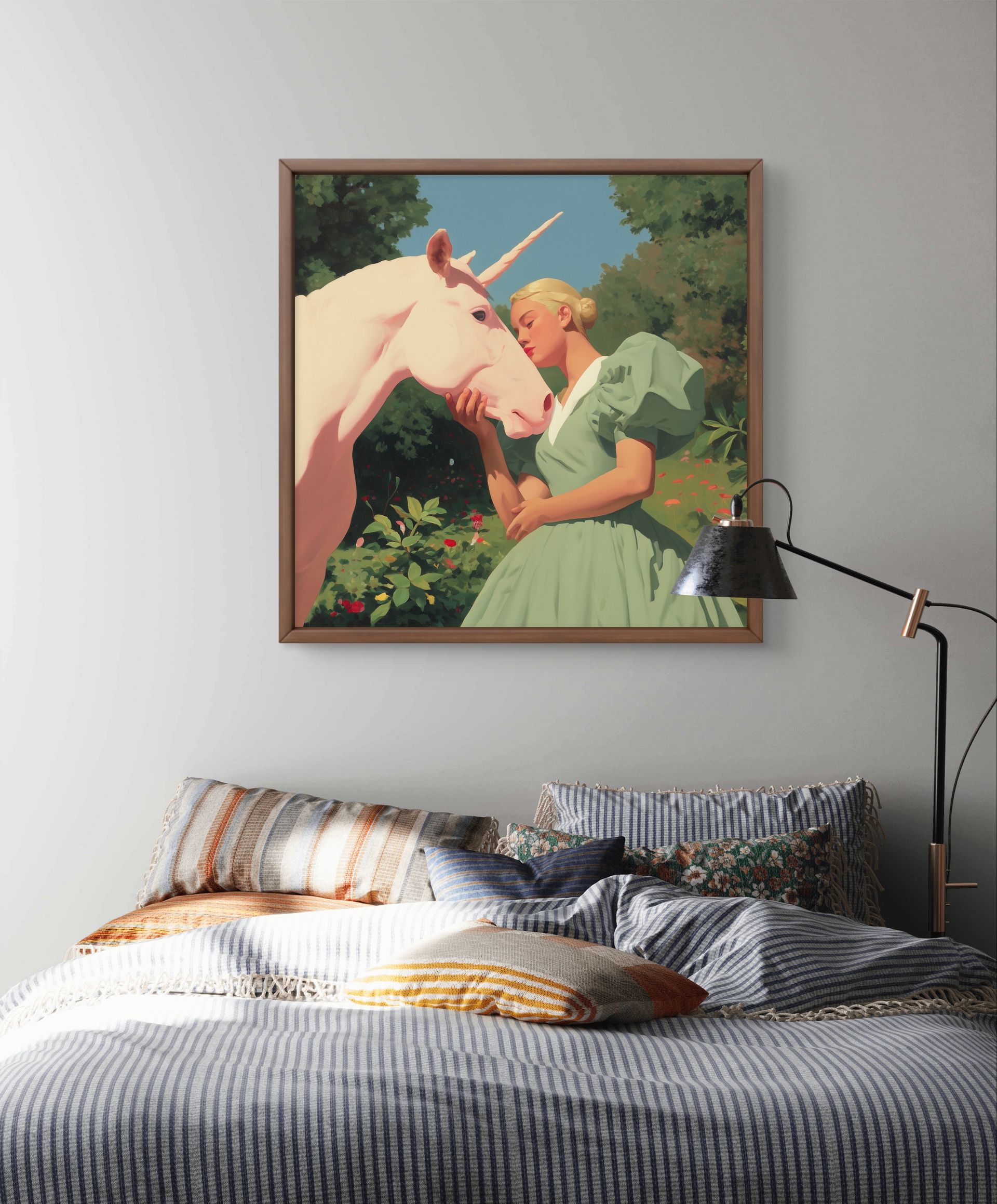 Woman in green dress kisses a white unicorn in a garden, framed artwork above a bed. Paint by Klyne artist painter.