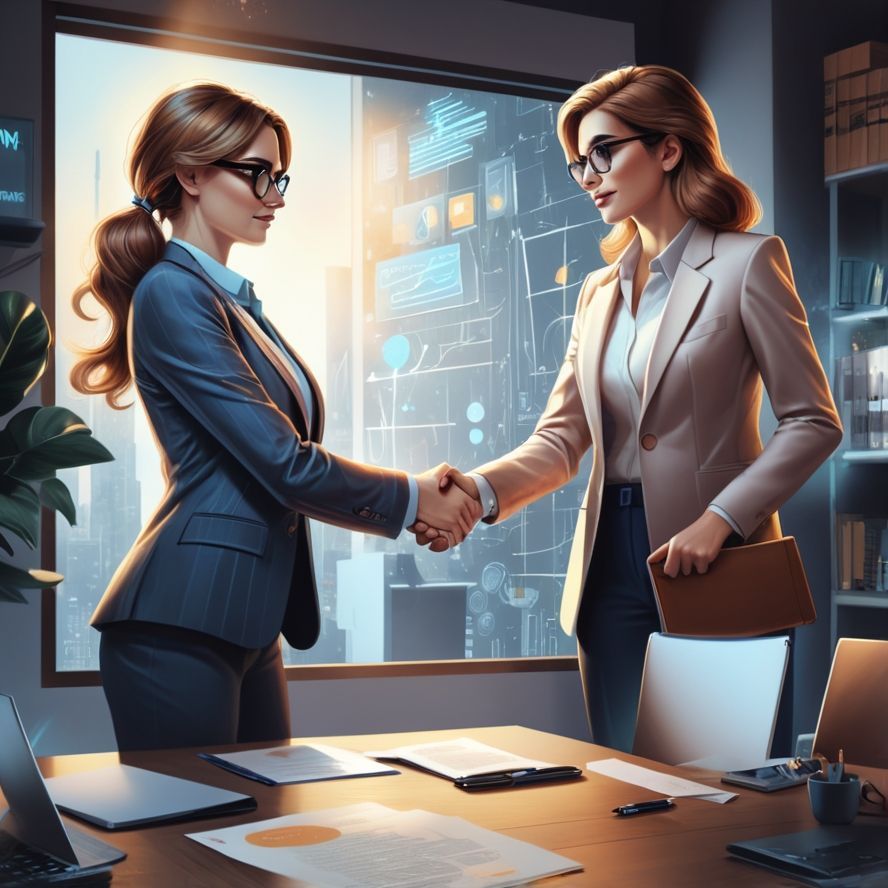 Image of 2 business women shaking hands. They are standing in an office behind a table with papers and pens on