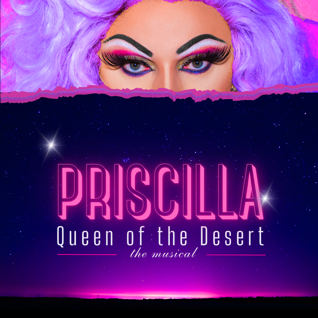An image of a poster design for Priscilla Queen of the Desert the musical.
Purple sunset background with the title of the show in the middle and a few extra bright stars in the night sky.
A paper tear goes across the image about one third of the way from the top and above this is a drag queen's eyes. Fabulous eye make up and lilac hair