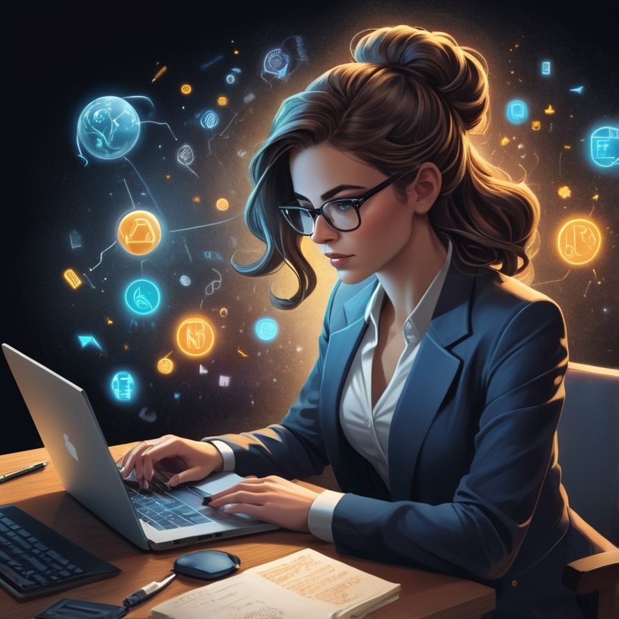 Female writer sitting, working at a laptop and around her are floating icons depicting various industries