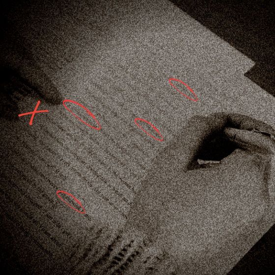 a grainy image of someone editing text, with red circles highlighting words and phrases