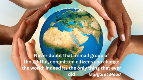 Image shows a picture of the world with hands wrapped around it and the following quote in white across the bottom: