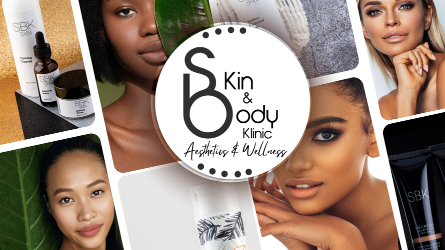 a collage of pictures of women 's faces and a logo for Skin & body clinic
