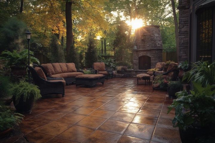 Patio with outdoor furniture, fireplace, and potted plants; sunlight streams through trees.