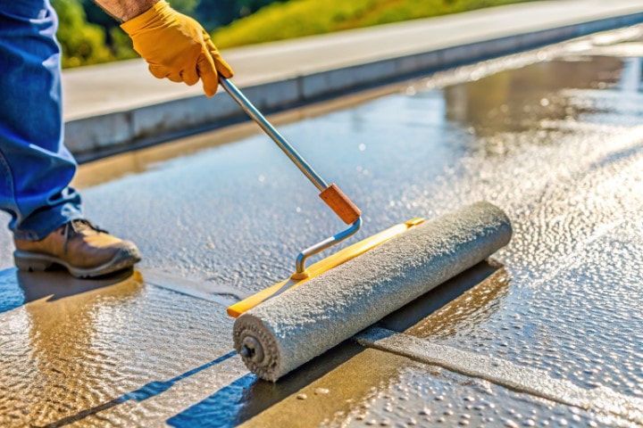 Person using roller to apply sealant to concrete pavement, wearing gloves and work boots.
