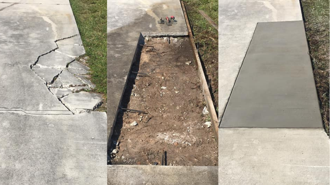 Sidewalk repair: Cracked concrete removed, replaced with new, smooth surface.