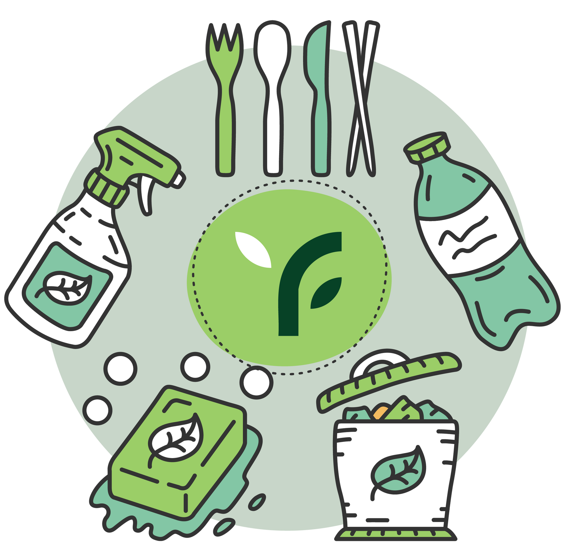 A green circle with a bottle , soap , utensils , and a trash can.