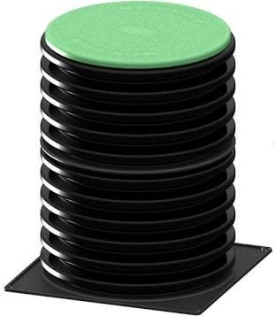Black corrugated plastic pipe with a green lid, set on a black square base.