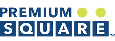 Logo: "PREMIUM SQUARE" in donkerblauwe tekst. "SQUARE" bestaat uit afzonderlijke blauwe vierkanten. Twee gele cirkels.
