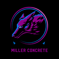 Logo for Miller Concrete: Wolf head in purple and blue circle on black background.