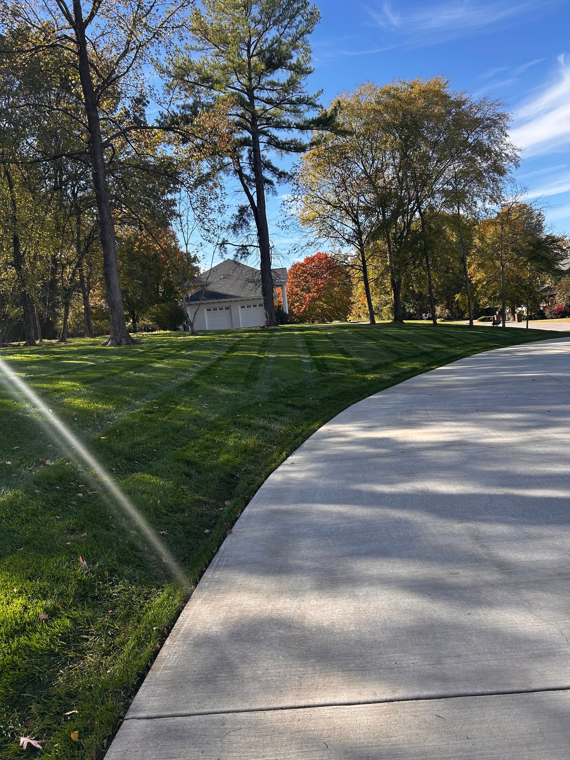 Red Adirondack chairs under a wooden pergola on a concrete patio.