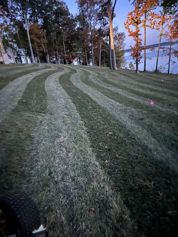 A construction worker wearing gloves laying gray paving stones on a sandy surface.