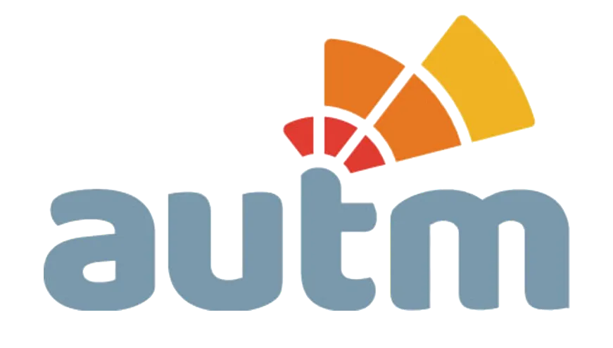 The word "autm" in bold, grey, lowercase letters, topped with an abstract fan shape in red, orange, and yellow.