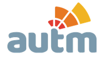 The word "autm" in bold, grey, lowercase letters, topped with an abstract fan shape in red, orange, and yellow.