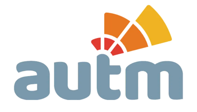 The word "autm" in bold, grey, lowercase letters, topped with an abstract fan shape in red, orange, and yellow.